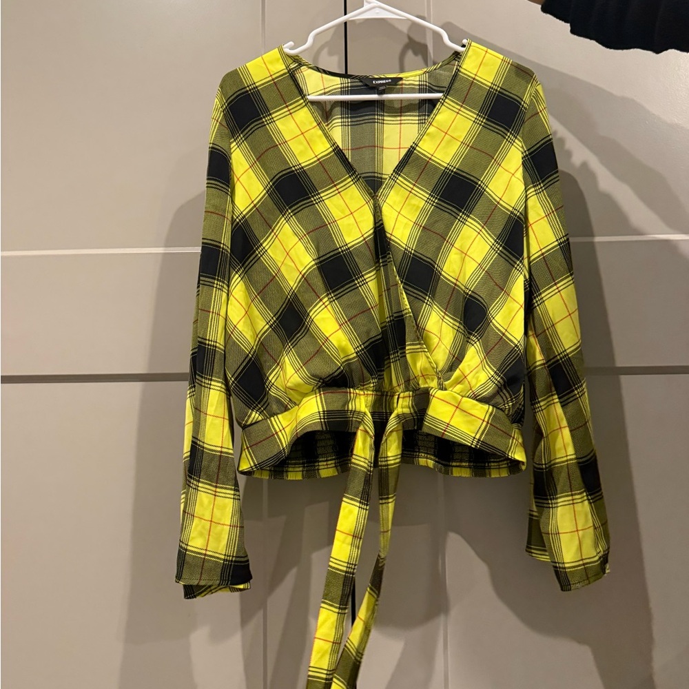 Express Yellow and Black Plaid Wrap Blouse